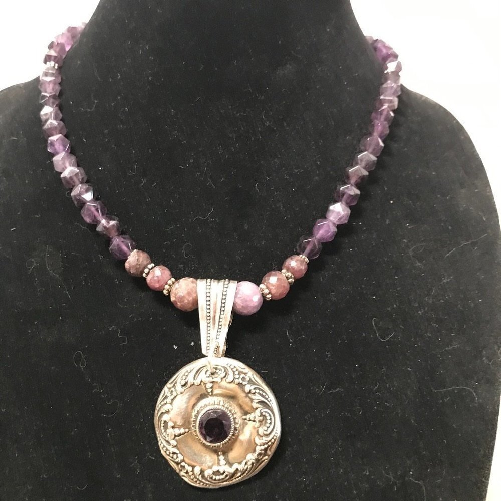 Antique Sterling Silver 925 Amethyst Genuine Ruby Gemstone Necklace Pendant